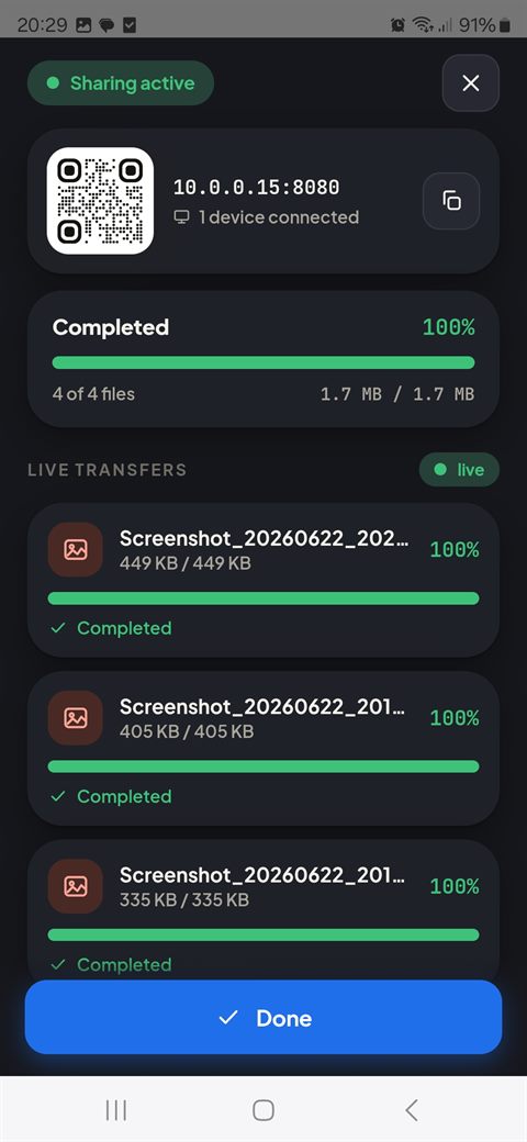 Live transfer progress screen