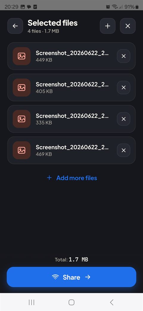 Selected files screen