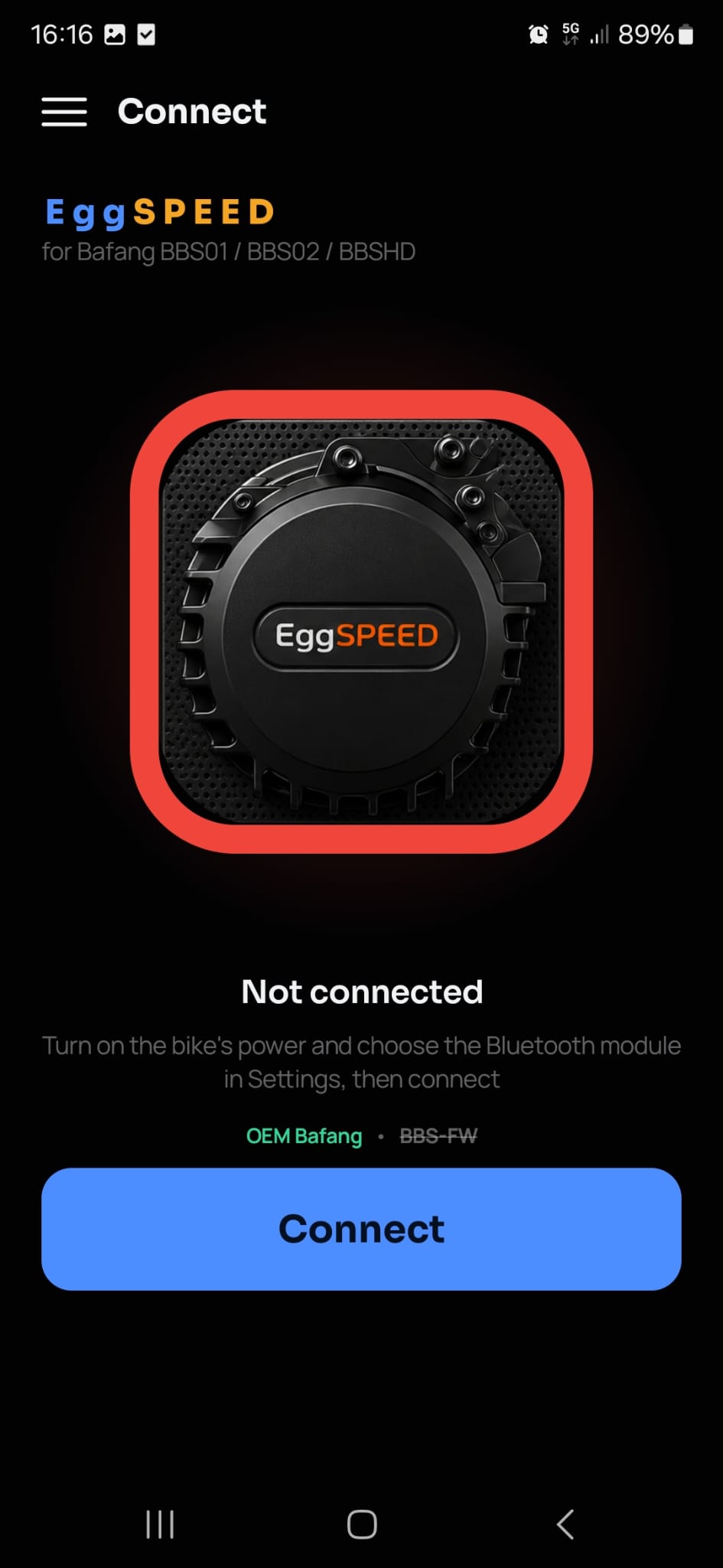 Connect screen with Bluetooth selected