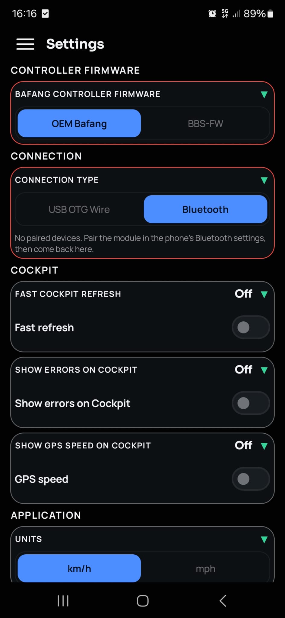 EggSPEED Settings, Connection: USB OTG Wire or Bluetooth