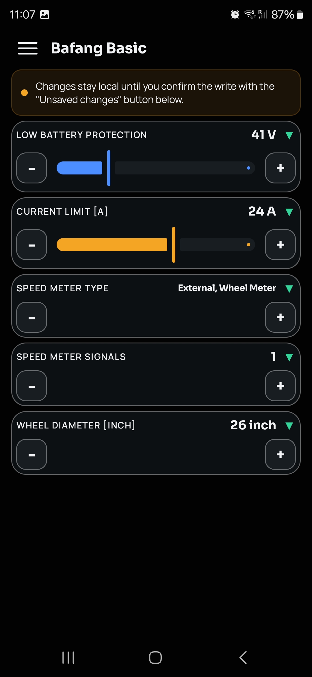 Bafang Basic configuration screen