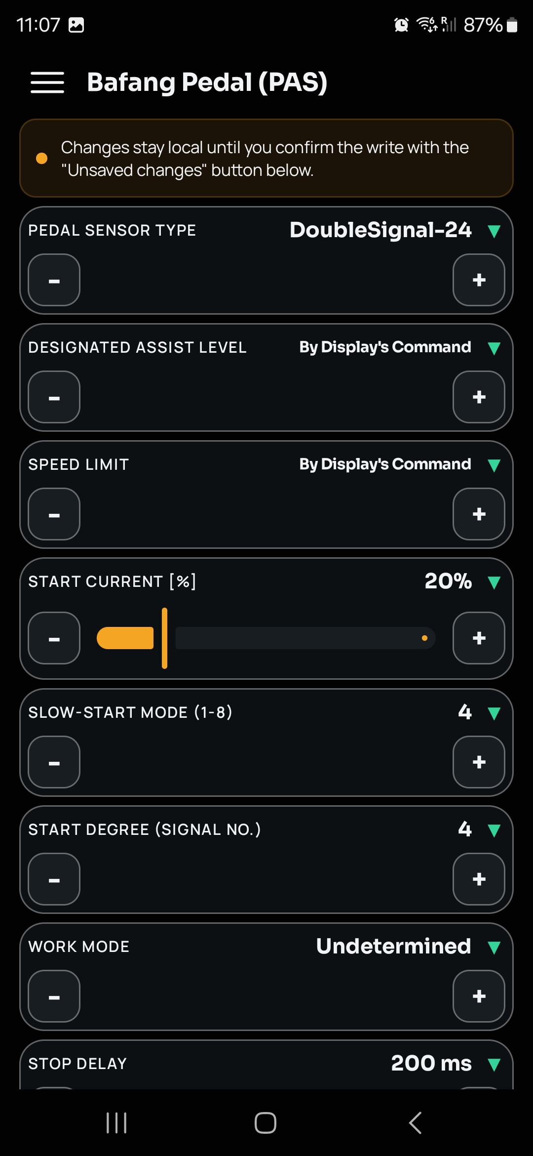 Bafang Pedal Assist (PAS) configuration screen
