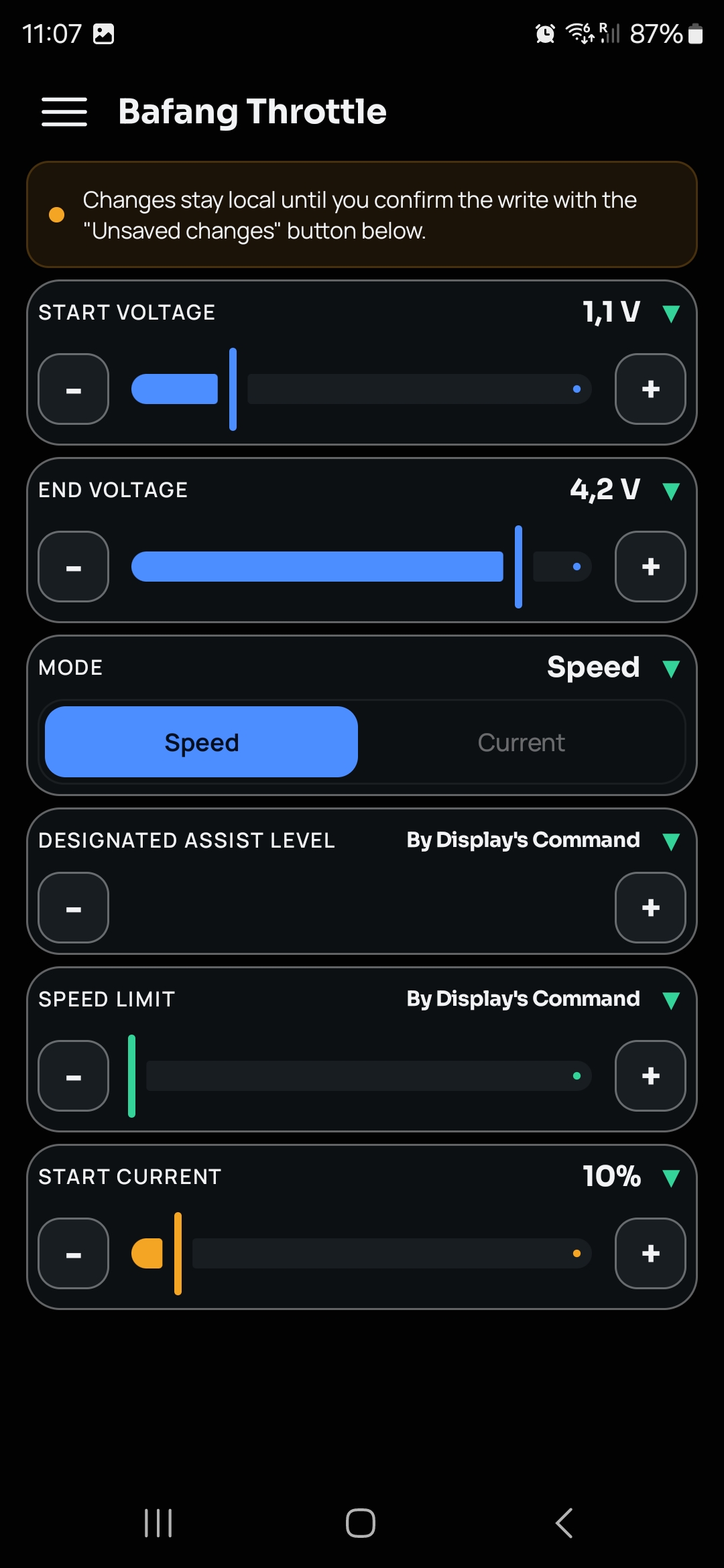 Bafang Throttle configuration screen