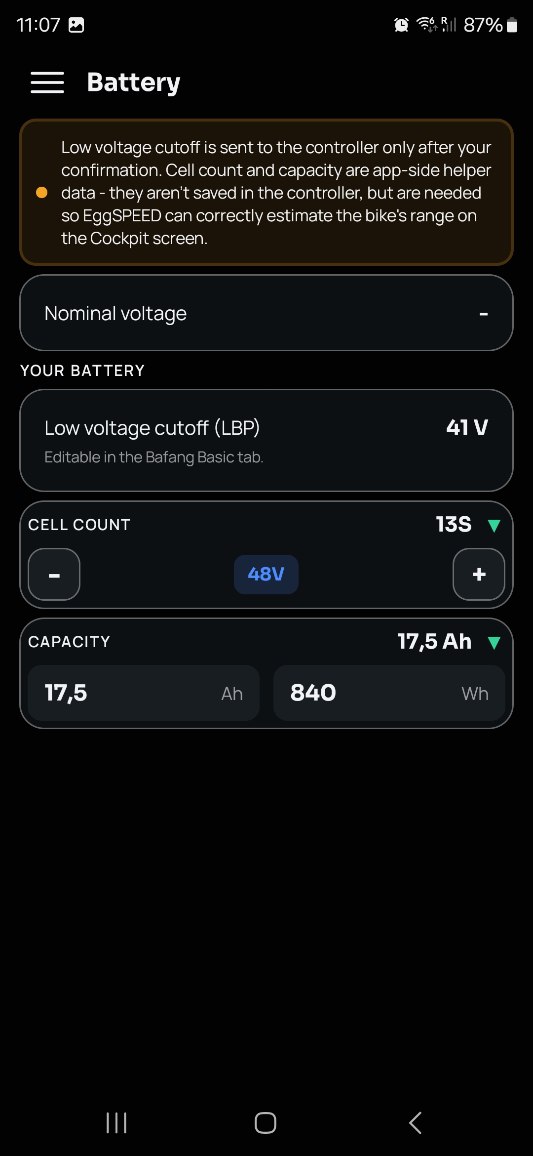 Battery screen with cell count and capacity