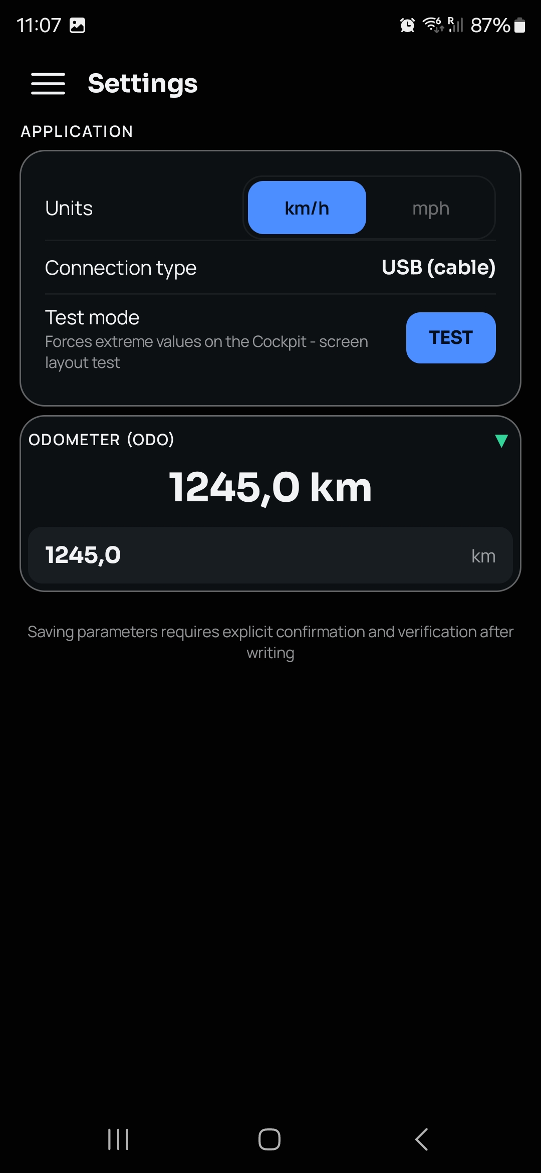 Settings screen with units, odometer and test mode
