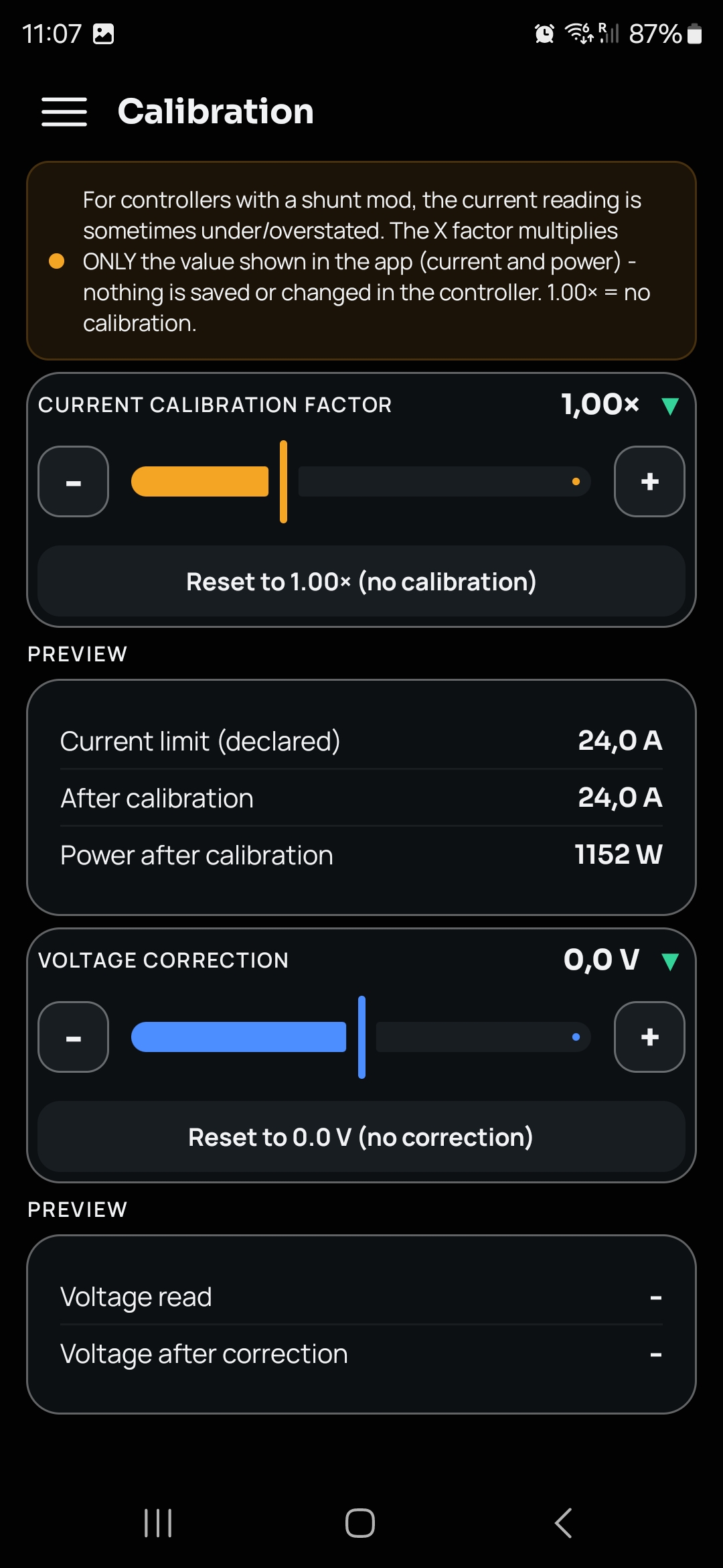 Calibration screen with current and voltage correction