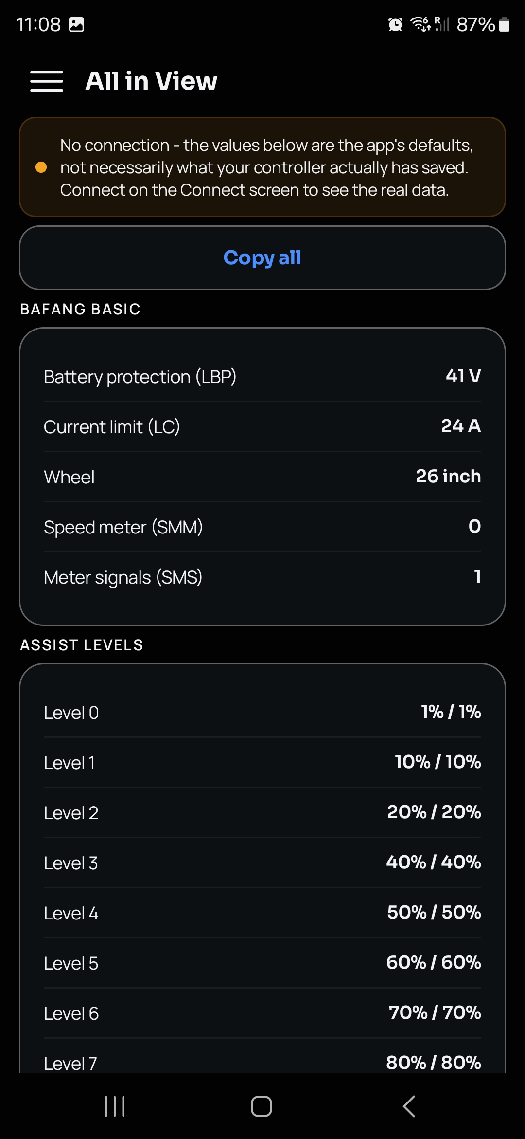 All in View screen listing every parameter