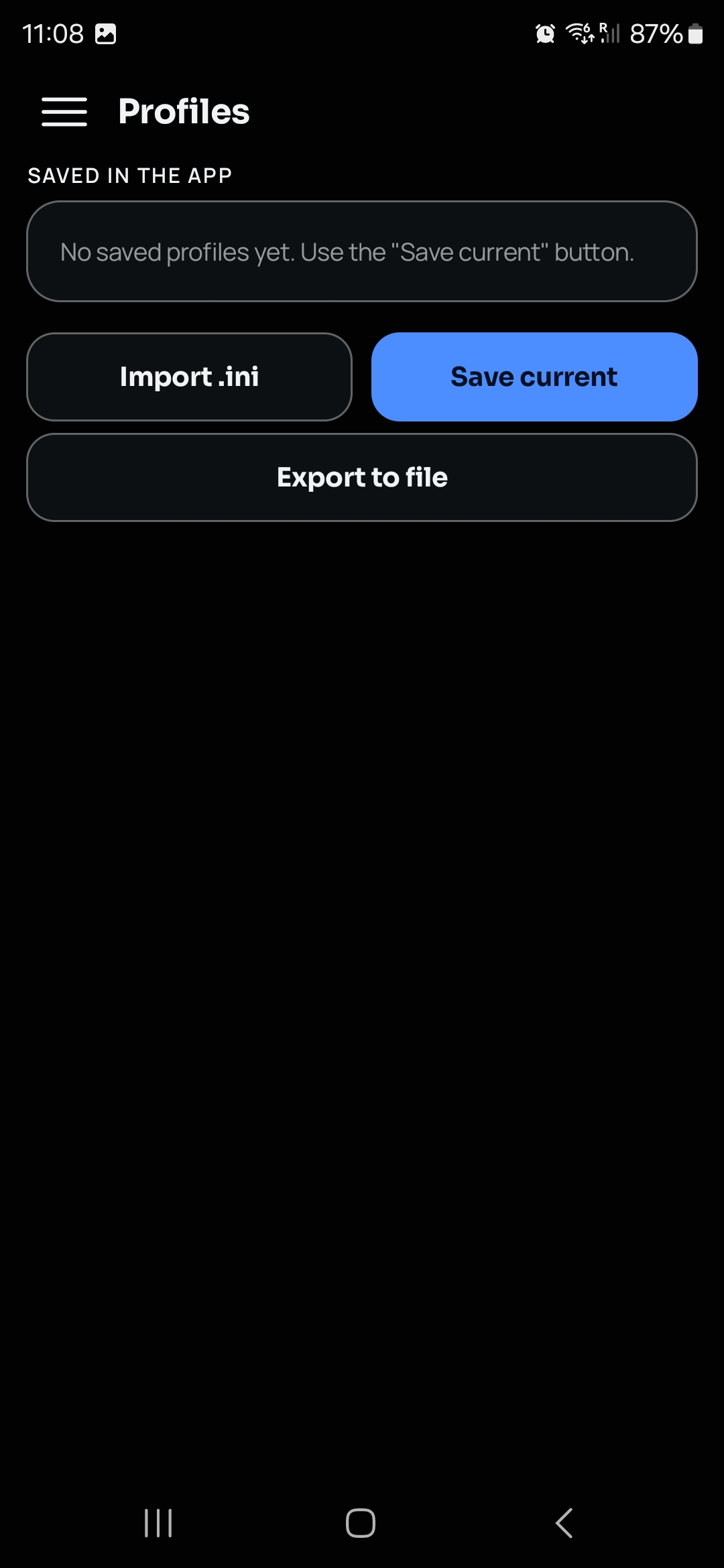 Profiles screen with save, import and export