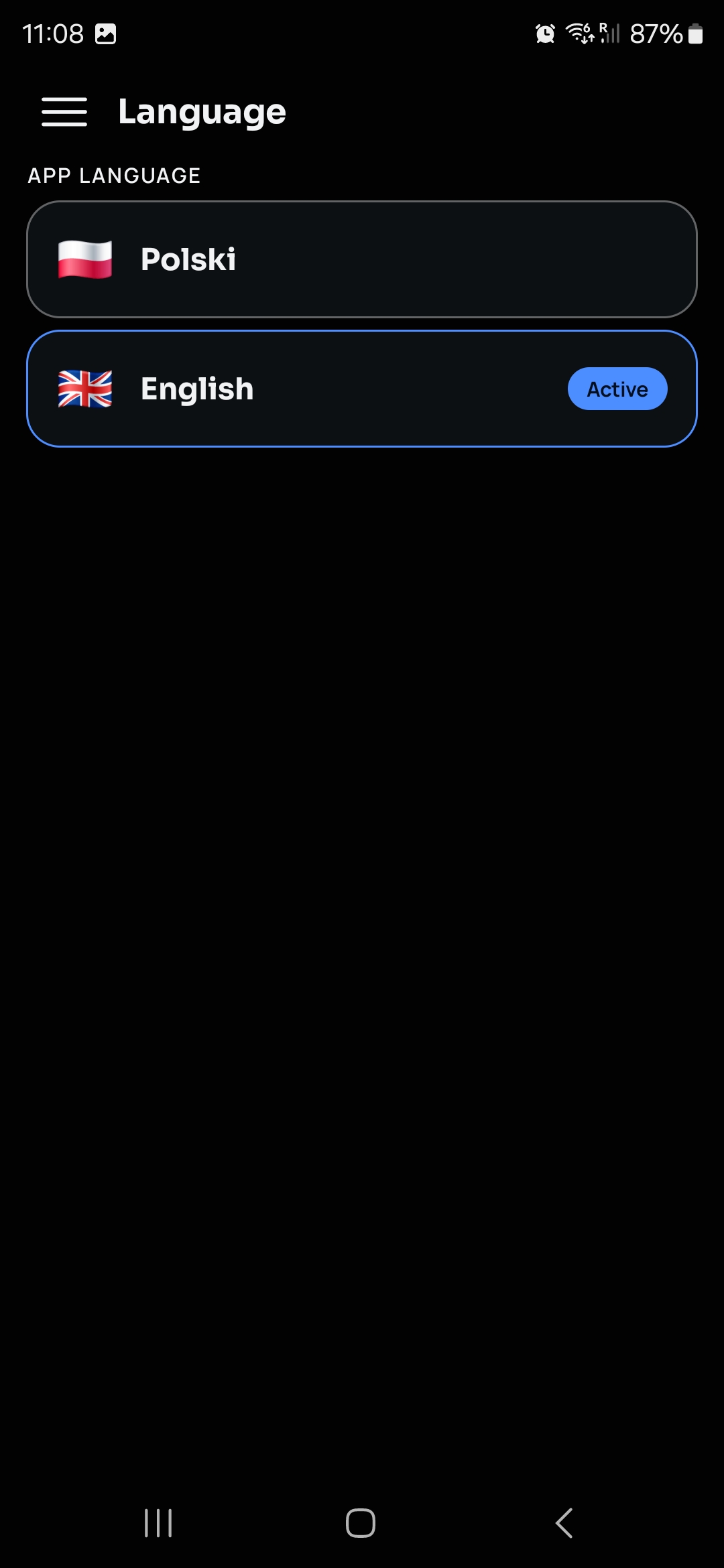 Language selection screen