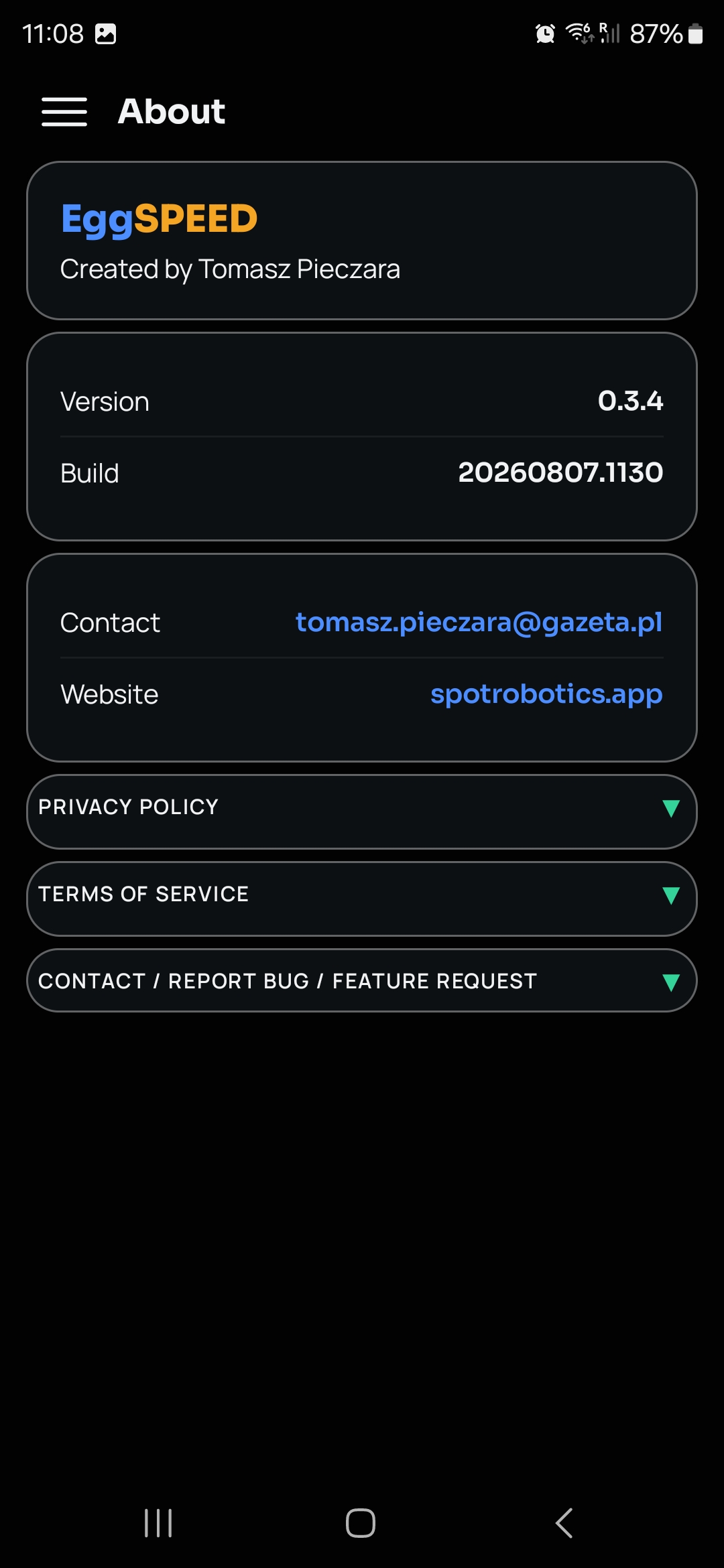 About screen with privacy policy, terms of service and contact