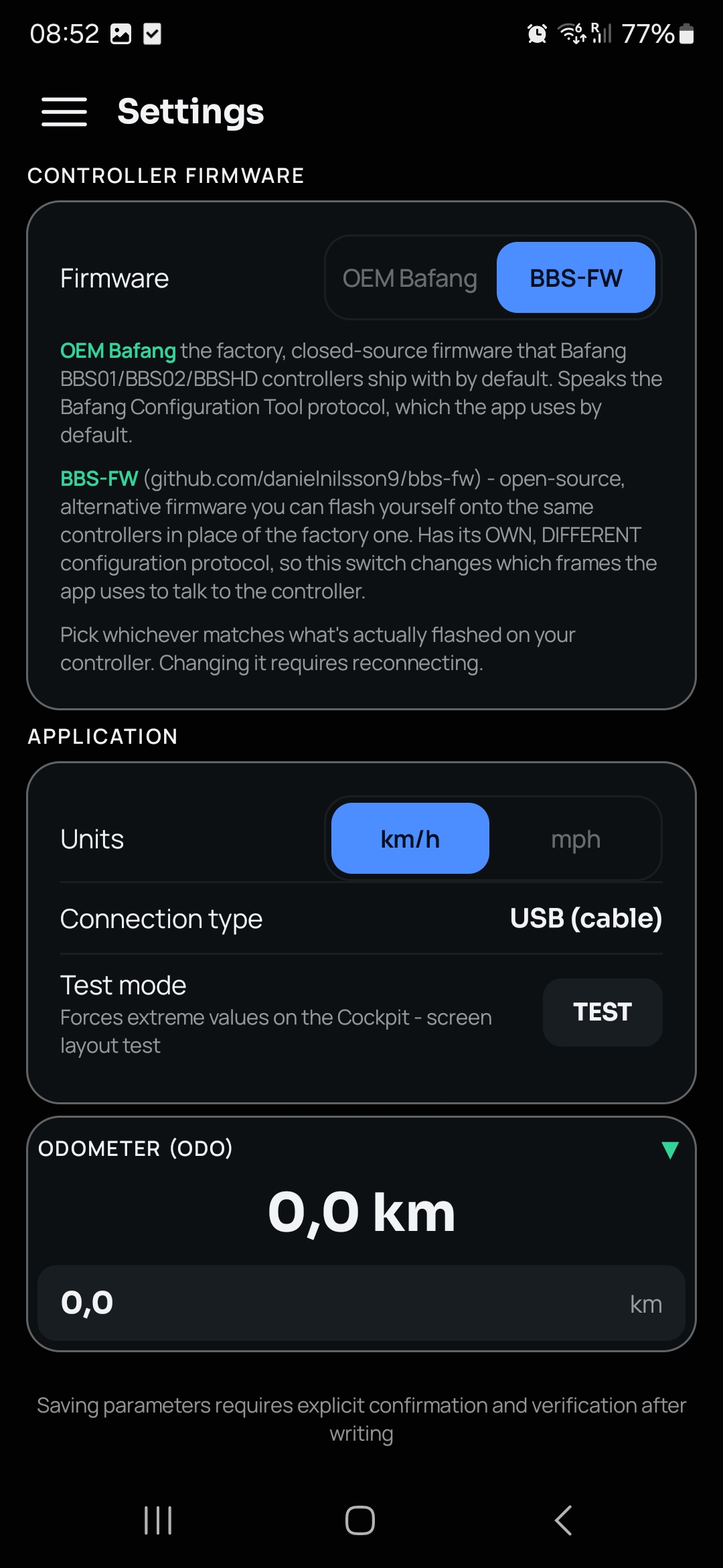 Settings screen with the OEM Bafang / BBS-FW firmware switch