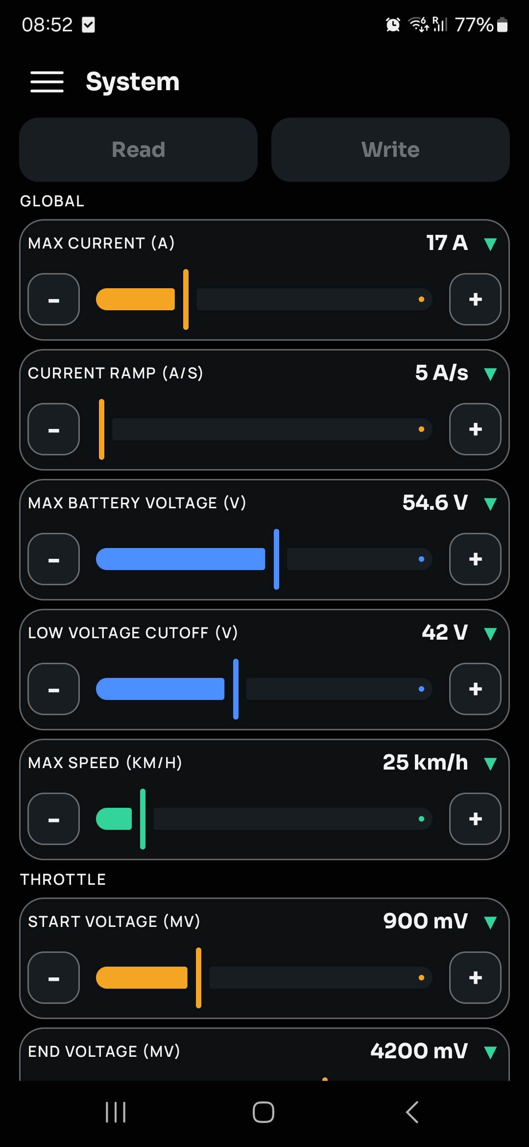 BBS-FW System screen, Global and Throttle settings