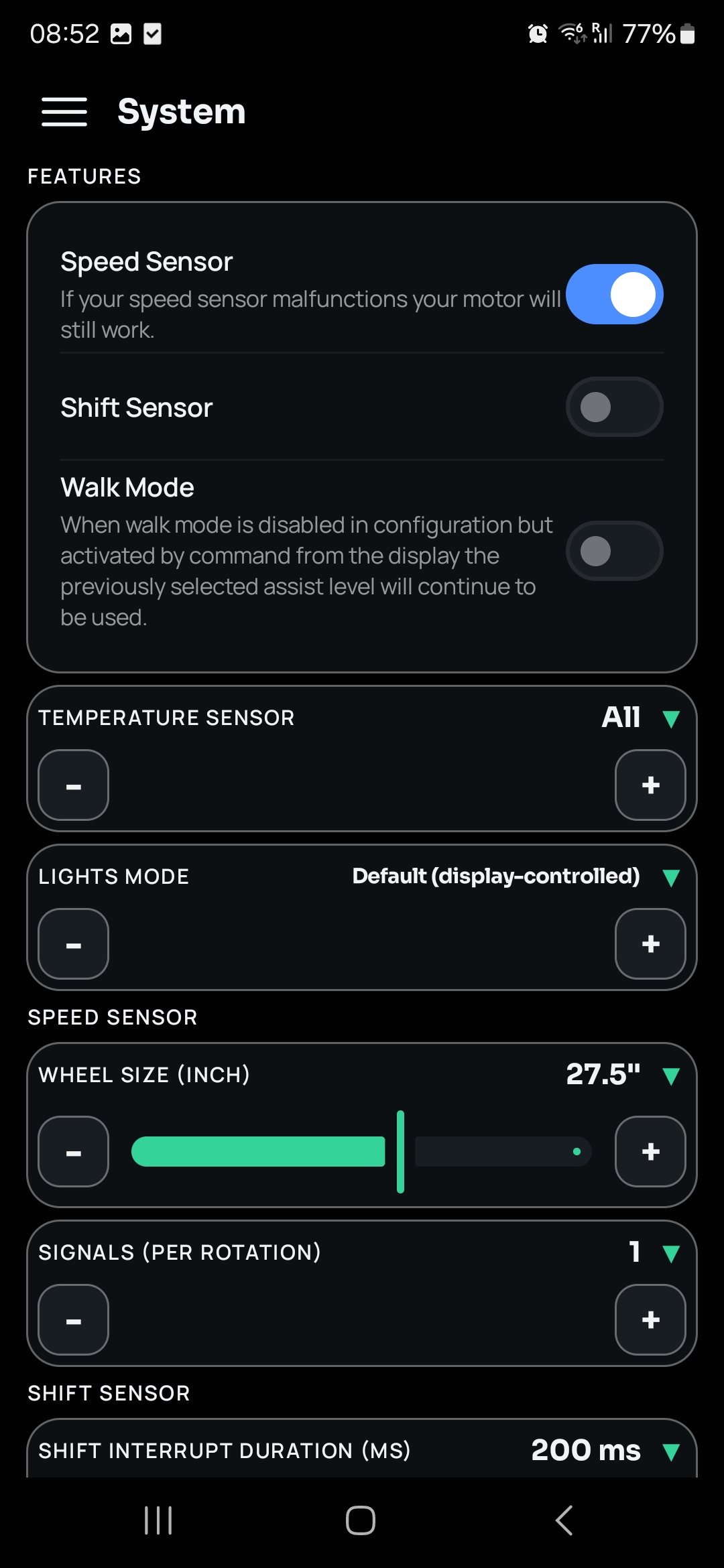 BBS-FW System screen, Features and Speed Sensor settings