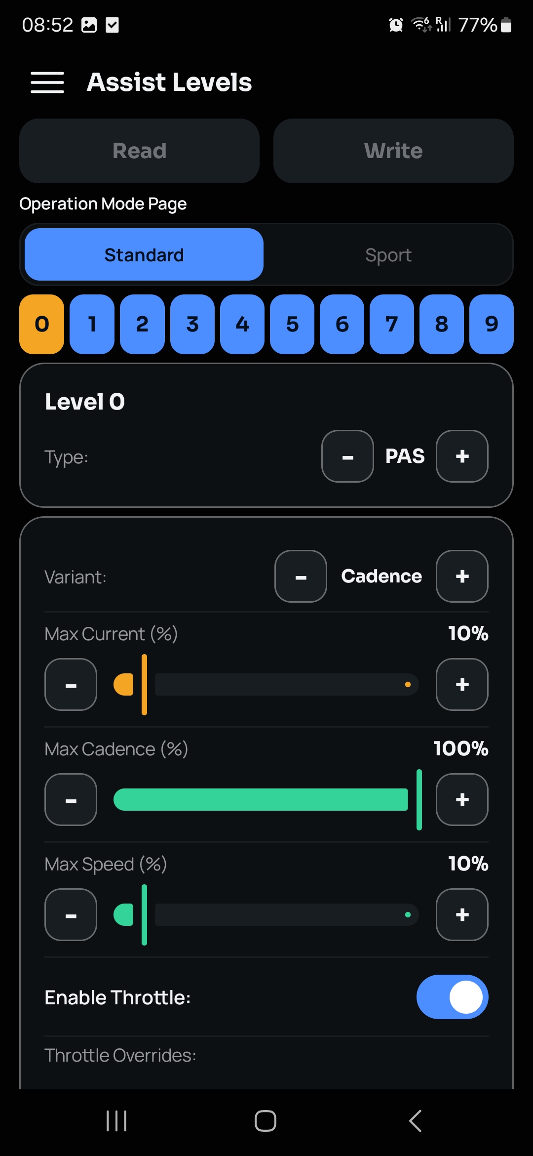BBS-FW Assist Levels screen, Standard/Sport pages