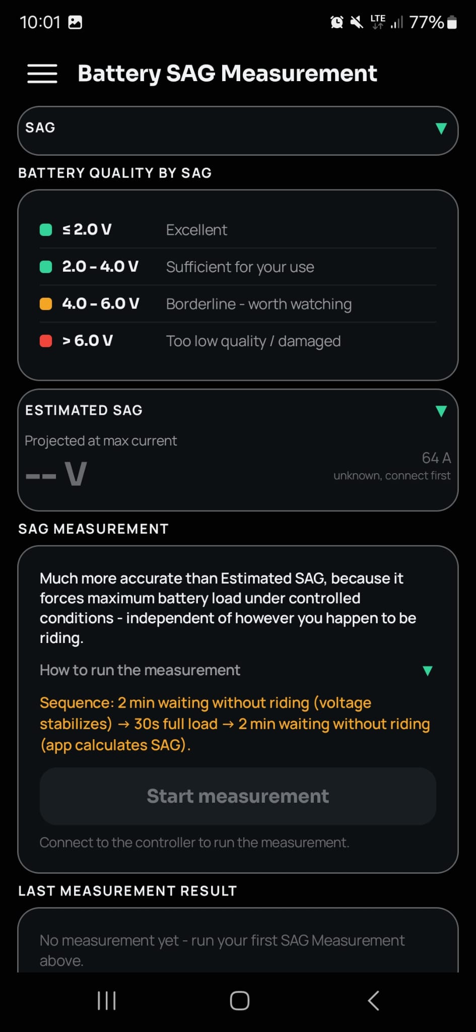 Battery SAG Measurement screen with quality legend and guided procedure