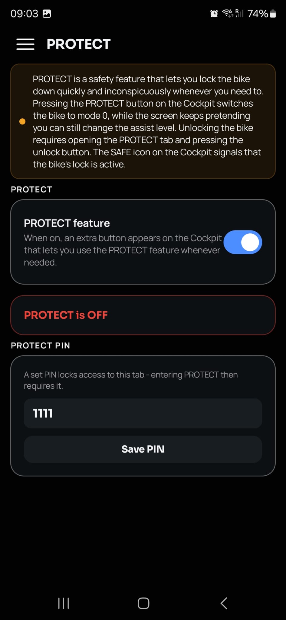 PROTECT screen with Anti-COP feature toggle and PIN lock