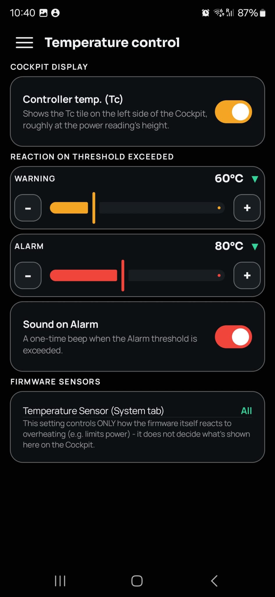 BBS-FW Temperature control screen