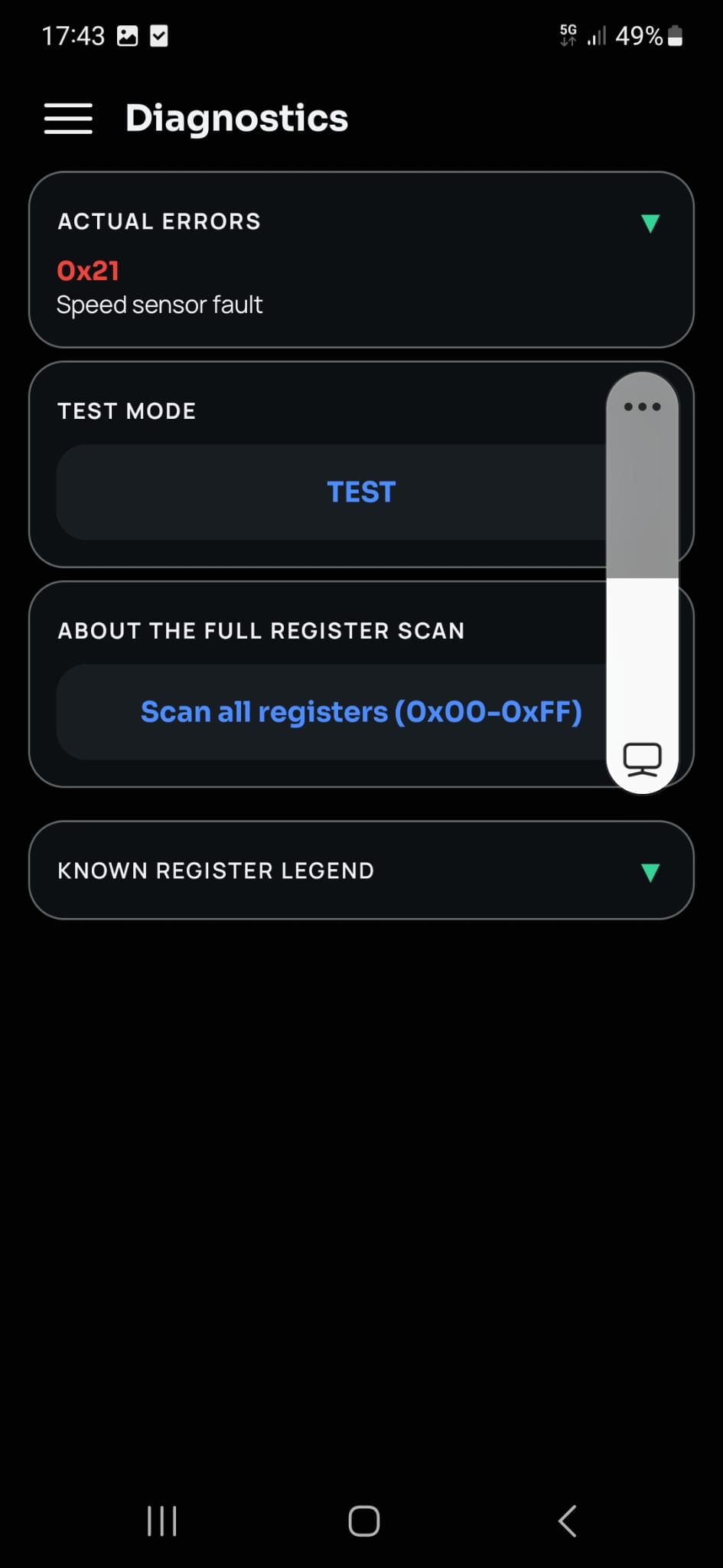 Diagnostics screen showing an active controller error code and description