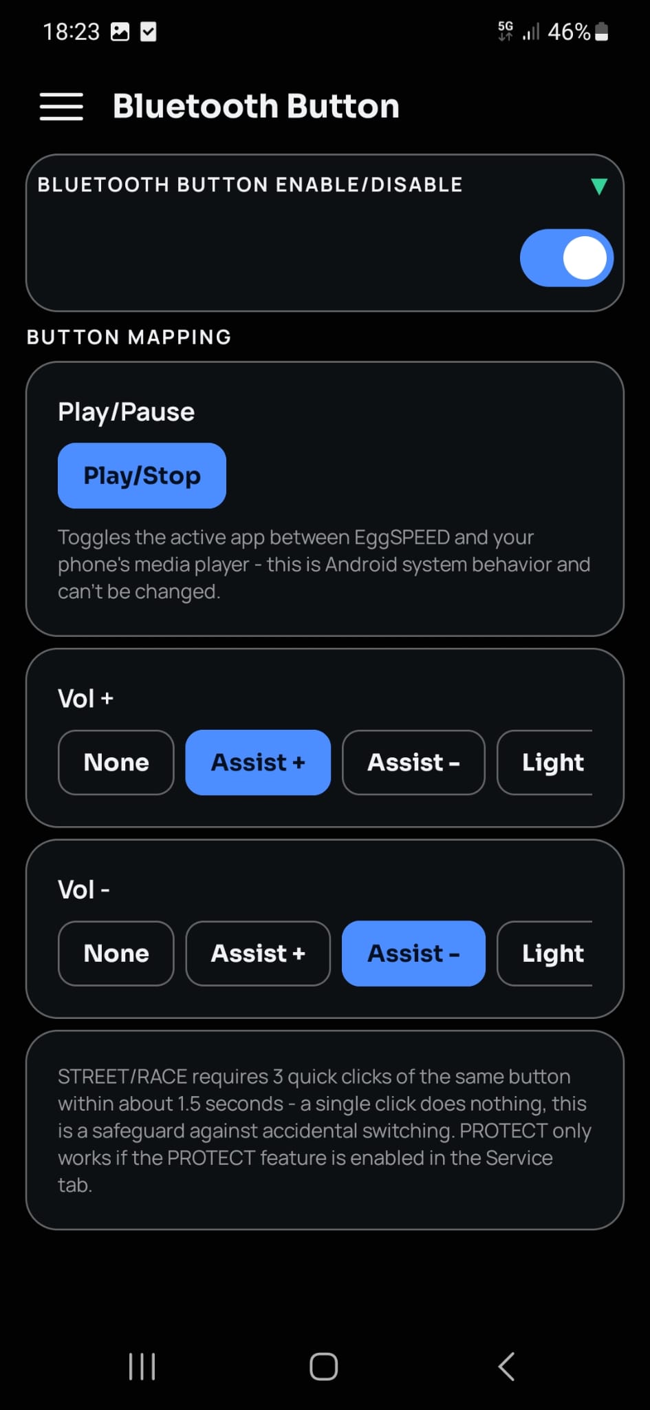 Bluetooth Button configuration screen with Vol+/Vol- mapping