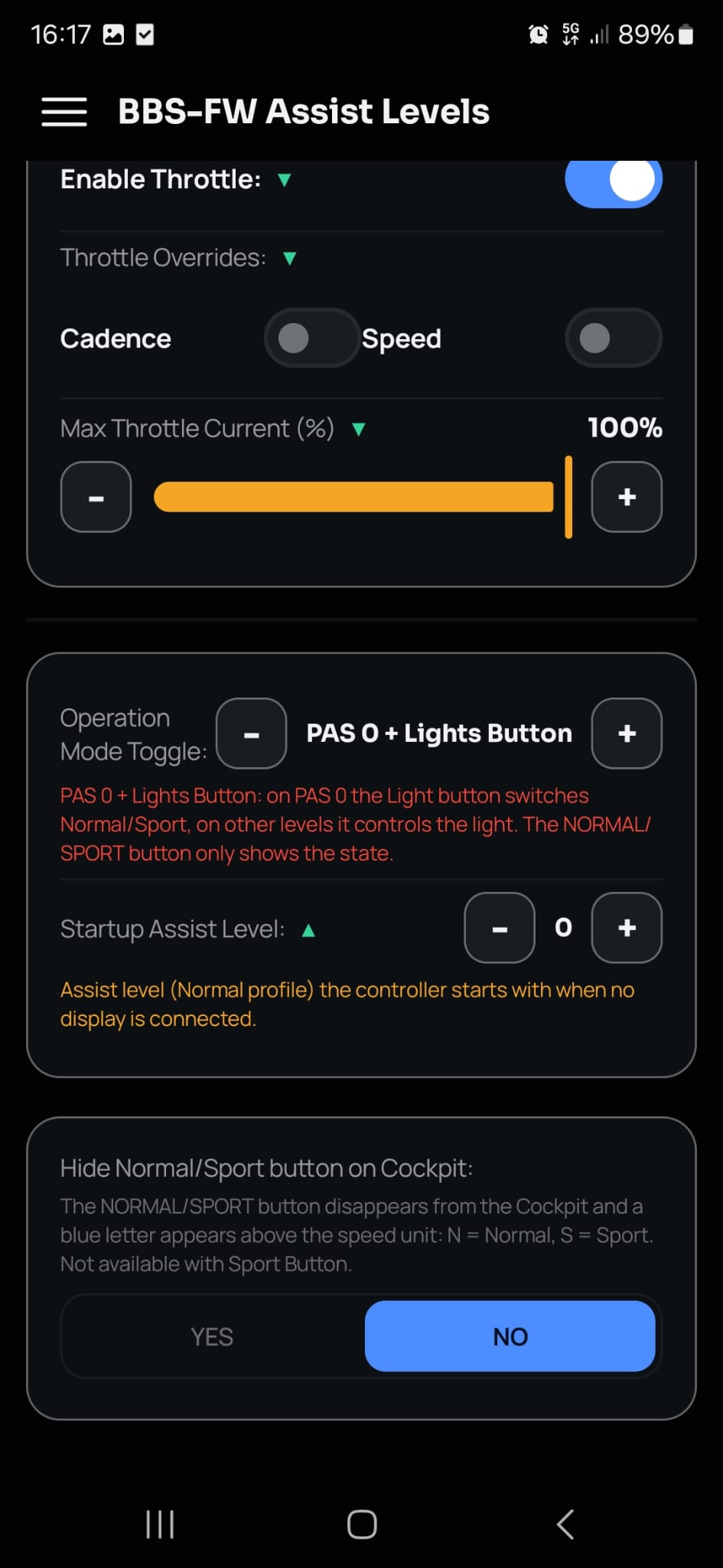 BBS-FW Unterstützungsstufen mit Parameterbeschreibungen, Operation Mode Toggle und der Option zum Ausblenden der Normal/Sport-Taste