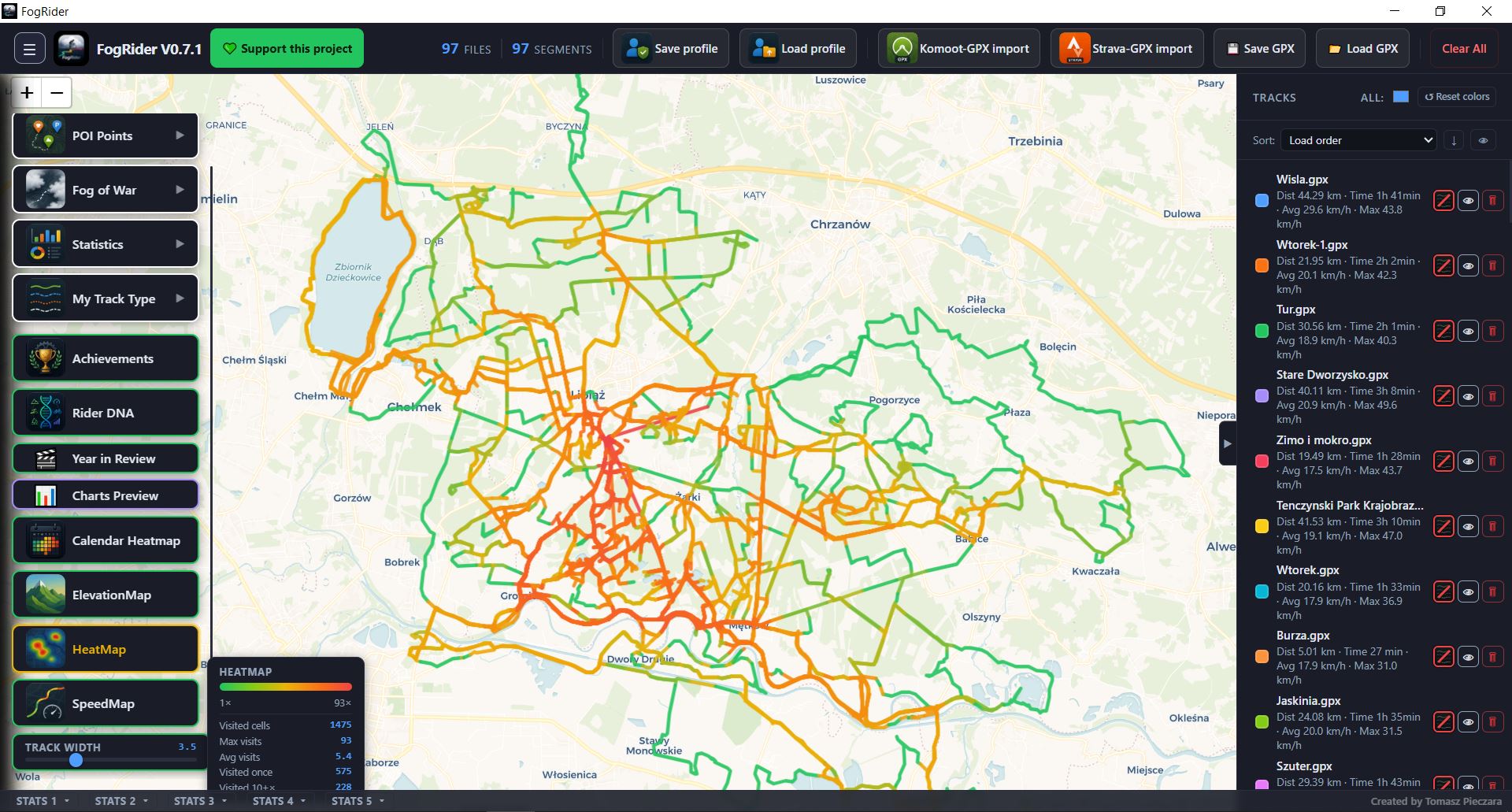 FogRider showing a HeatMap of 97 loaded rides, with the left tool panel, track list, and stats bar visible