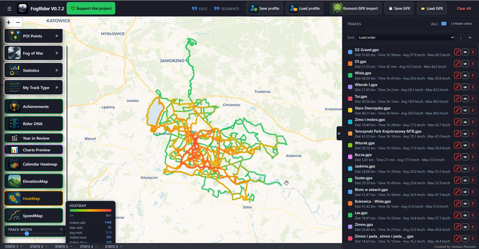 FogRider showing a HeatMap of 99 loaded rides, with the left tool panel, track list, and stats bar visible