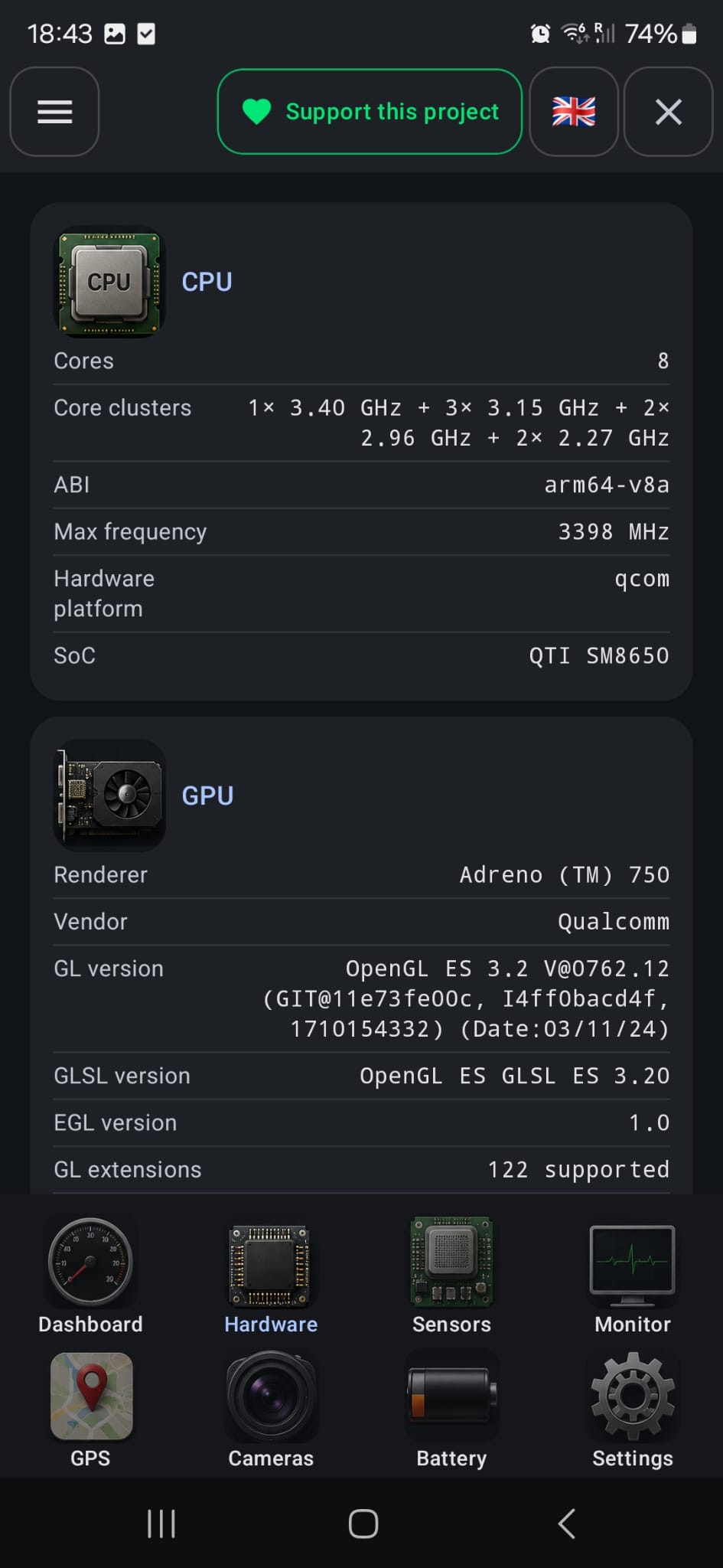 Hardware screen with CPU and GPU details