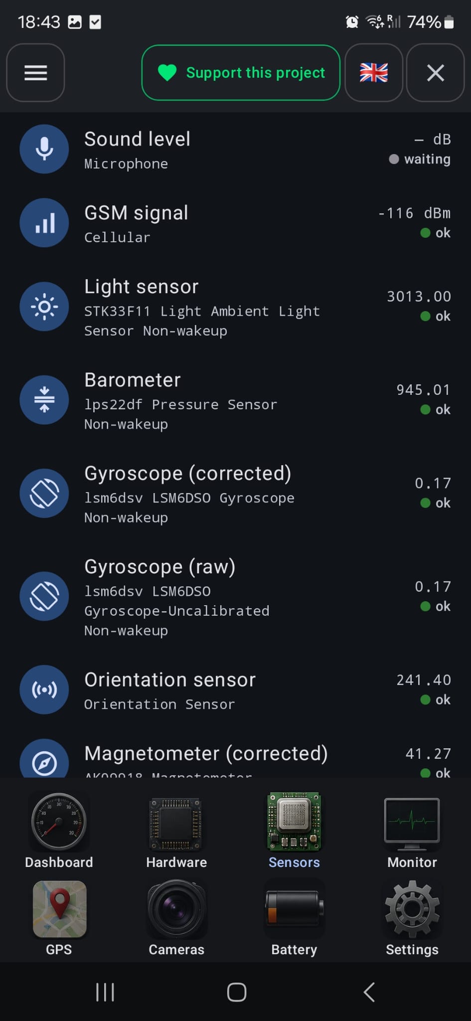 Sensors list with live values