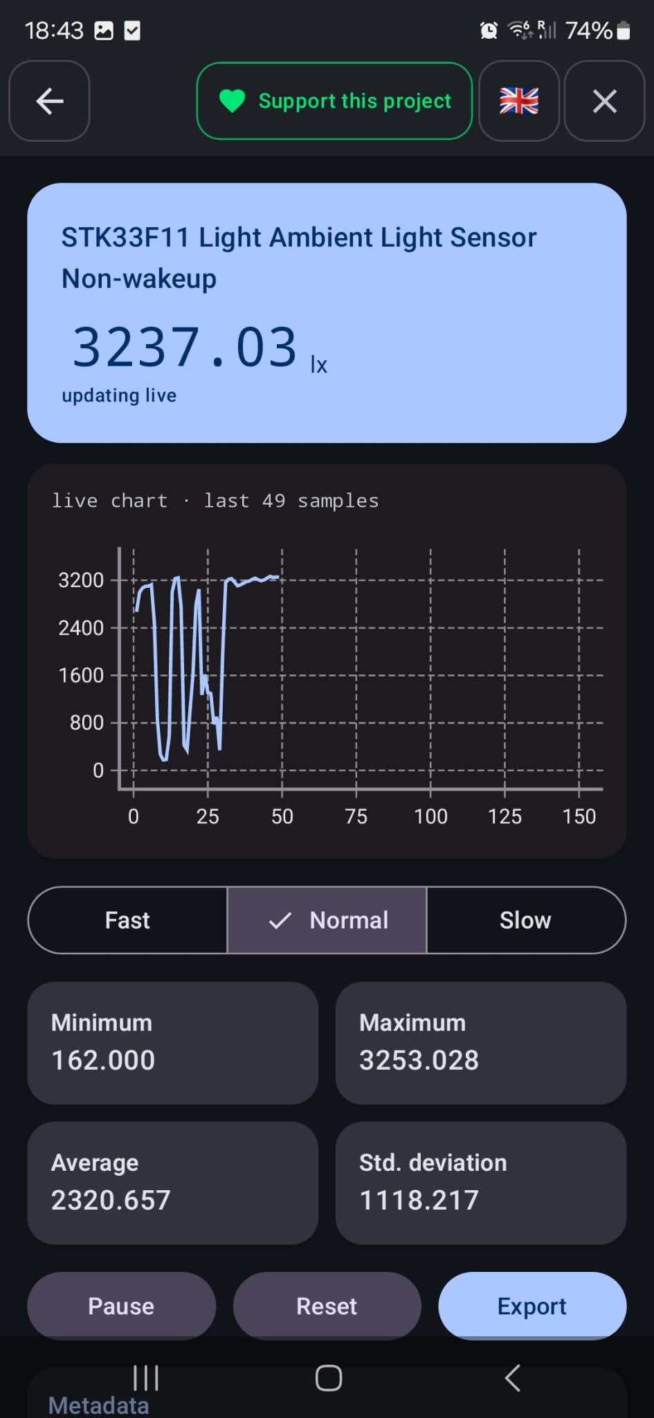 Sensor detail with live chart and statistics