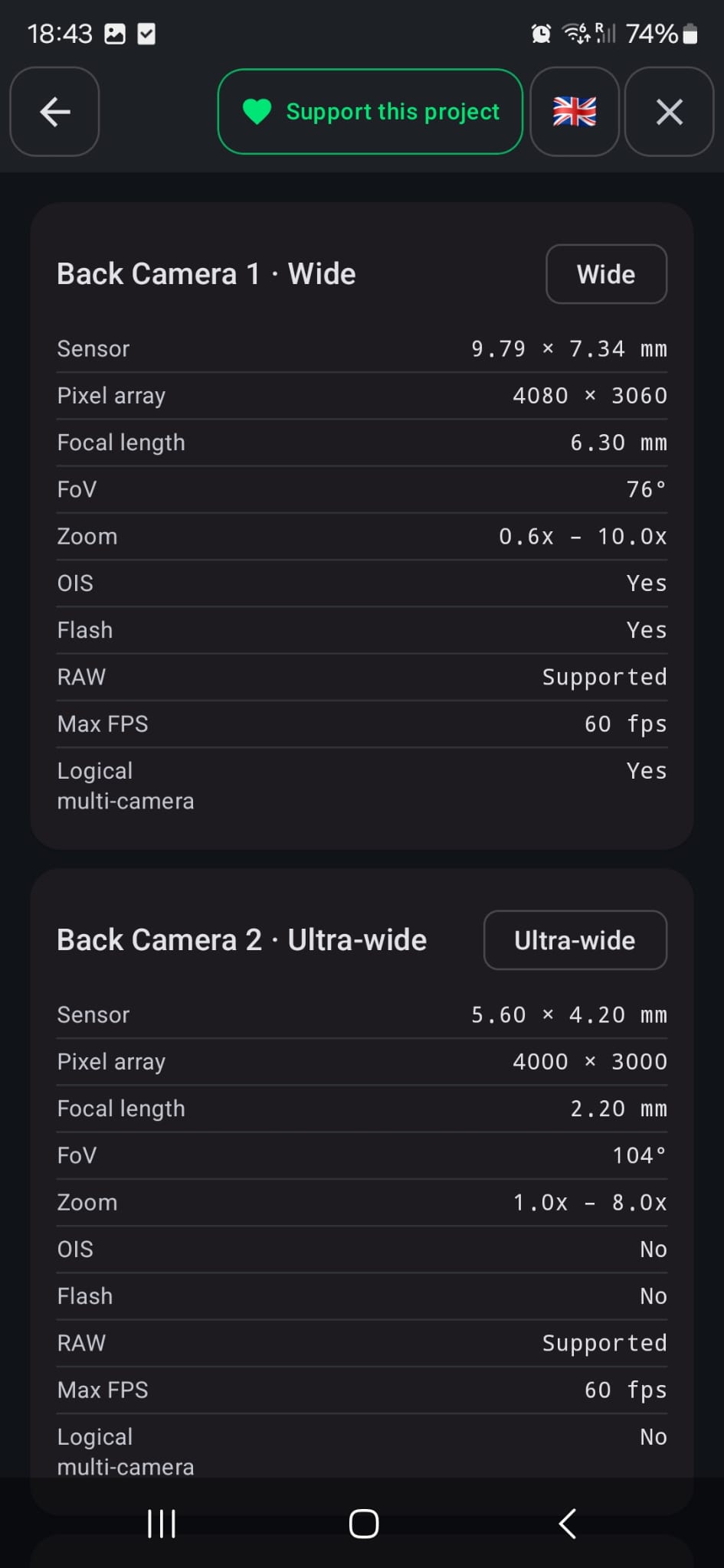 Cameras screen with per-camera specifications