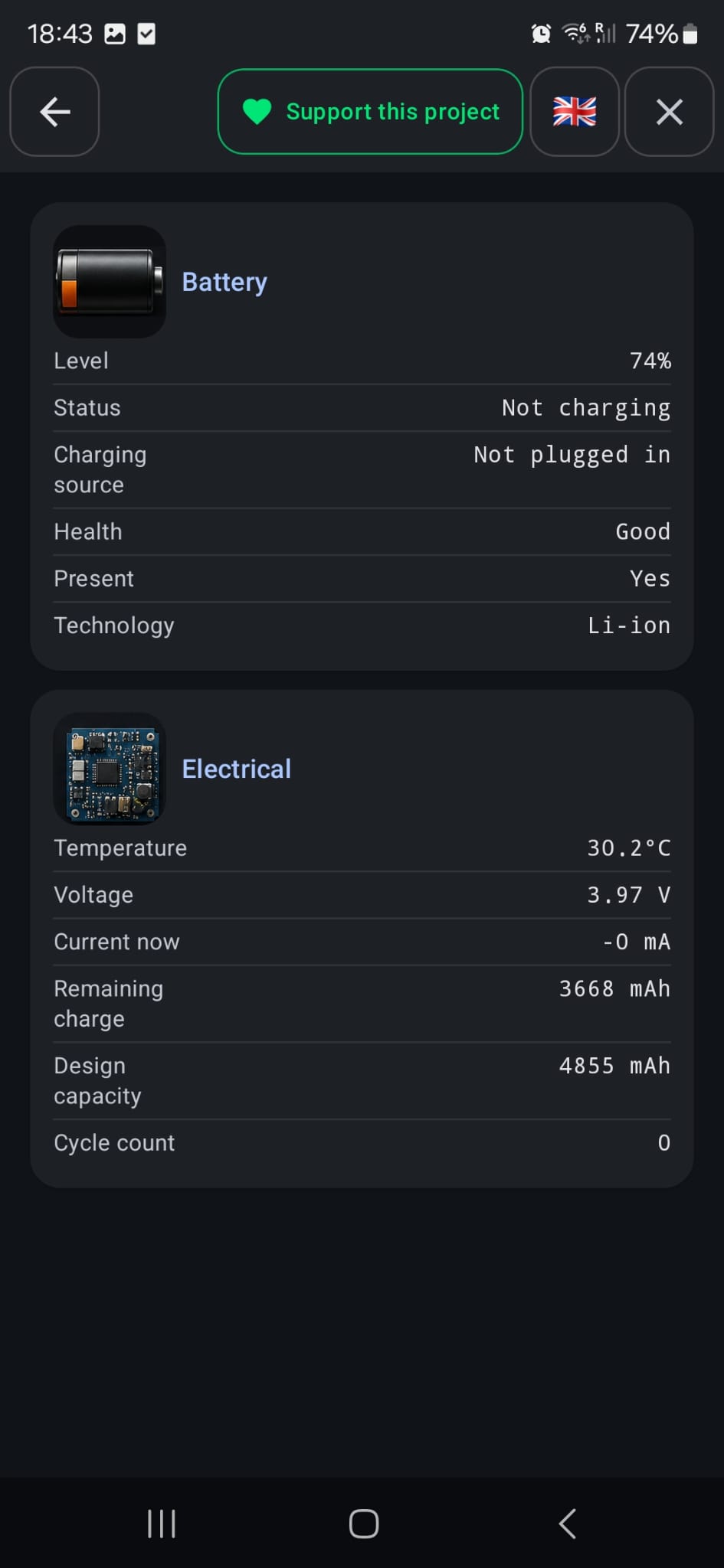 Battery screen with level, health, voltage and capacity