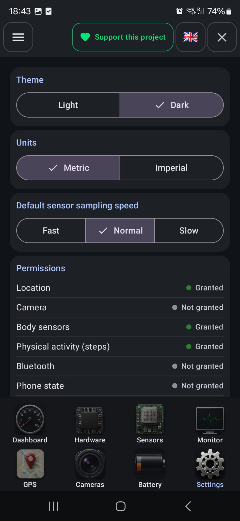 Settings screen with theme, units, sampling speed and permissions