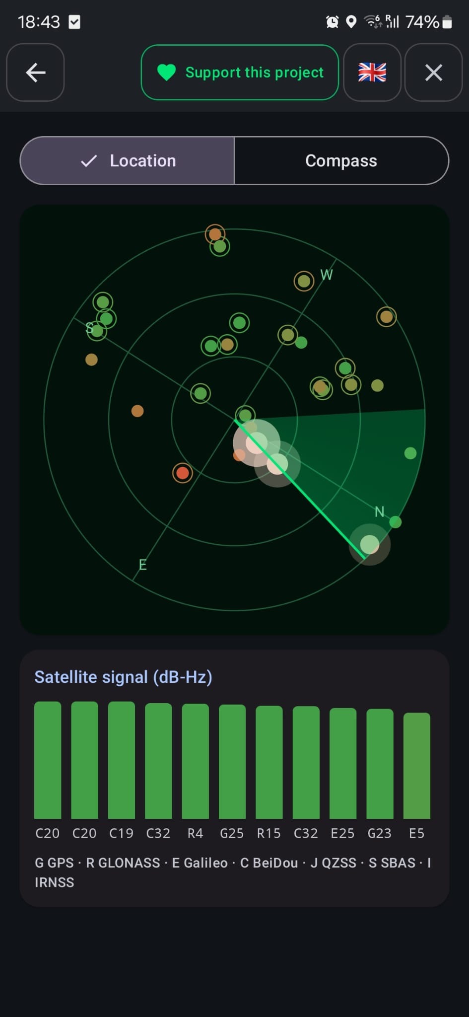 GPS-satellittradar med signalstyrke per satellitt