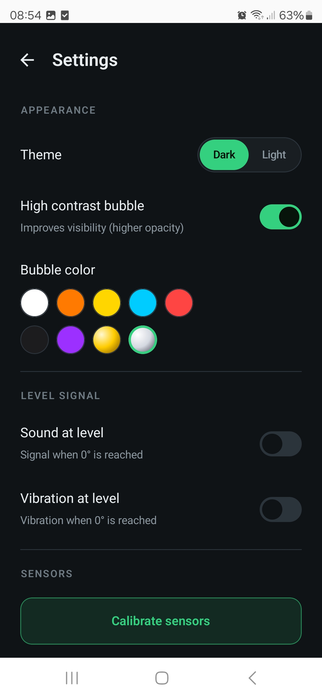 Appearance settings with theme and bubble color picker