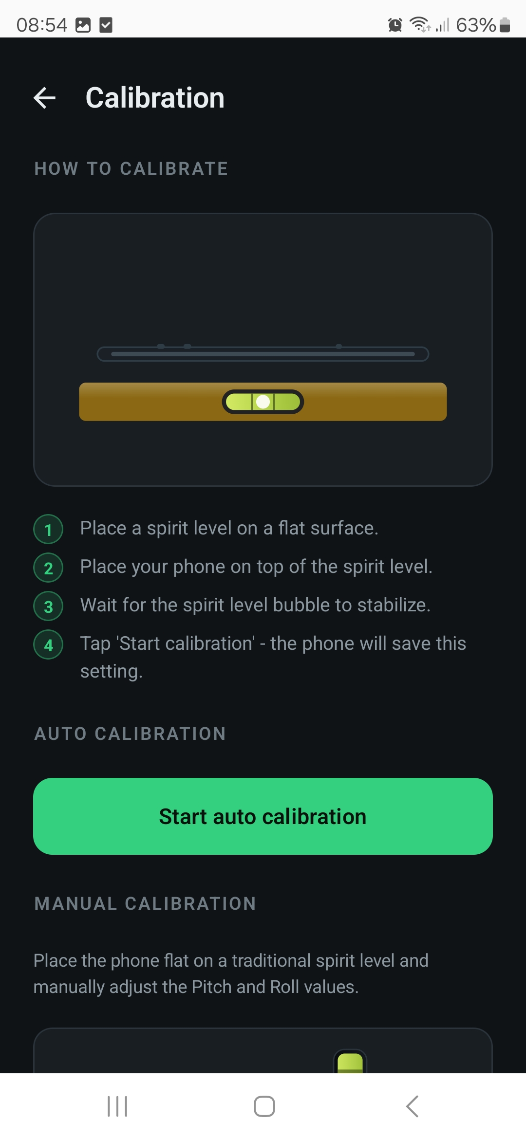 Guided auto calibration screen
